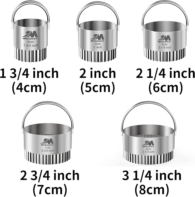 Ripple Biscuit Cutter Set 1.75inch 2inch 2.25inch 2.75inch 3.25inch, Stainless Steel Round Biscuit Cutters with Handle, Wave Cookies Cutter with Fluted Edge, Professional Baking Dough Tools