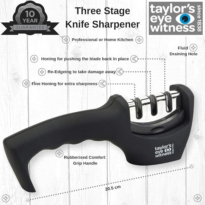 Taylors Eye Witness Professional Chef’s Kitchen Knife Sharpener - Three Stage Handheld Knife Sharpening Tool. Re-edging, Honing And Fine Honing For Many Blade Types. Non Slip Base.