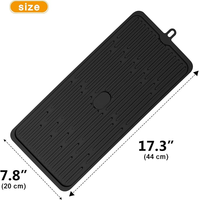 Silicone Dish Drying Mat 18”x8”, Heat Resistant Trivets for Kitchen Counter, Draining Mat, Sink Mat, Hot Pads for Multiple Usage (Black)