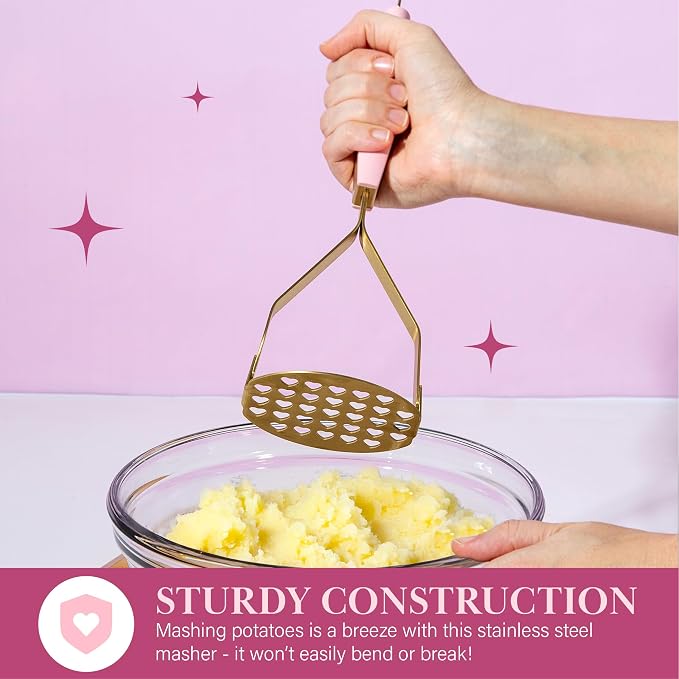 Paris Hilton Potato Masher, Heart-Shaped Stainless Steel Design, Non-Slip Handle, Dishwasher Safe, Pink