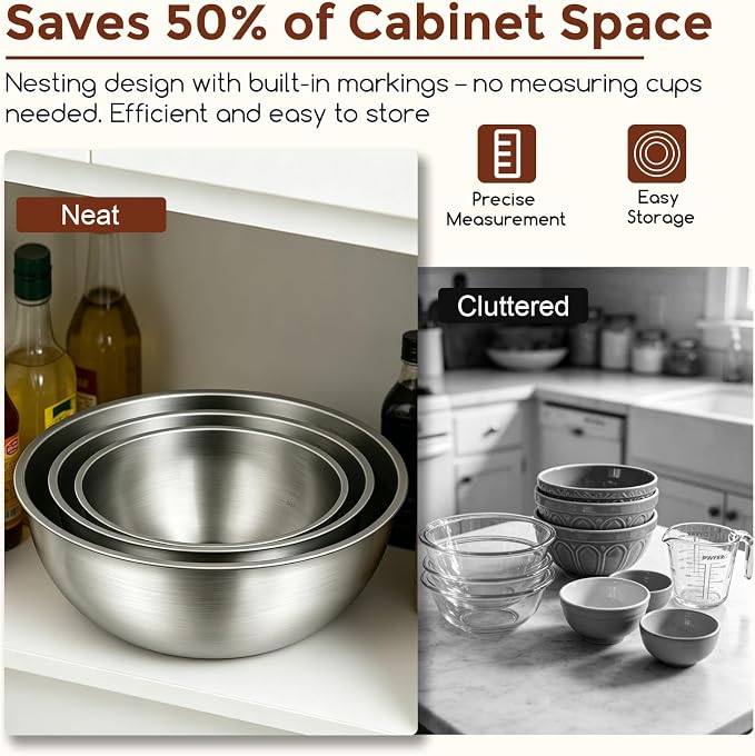 Gronivex Stainless Steel Mixing Bowls Set, 3-Piece (1.5, 2.2 & 3.4 Qt) | Food-Grade Metal, Dishwasher safe，Stackable Nesting & Space-Saving – For Kitchen Baking, Salads, Meal Prep, RV & Camping