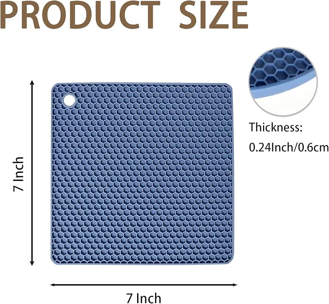 6-Pack Silicone Trivet Mats, Heat Resistant Hot Pads, Dishwasher Safe Kitchen Mats, BPA-Free Pot Holders for Table, Countertop, Stove, Honeycomb Design (Blue, 7" Square)