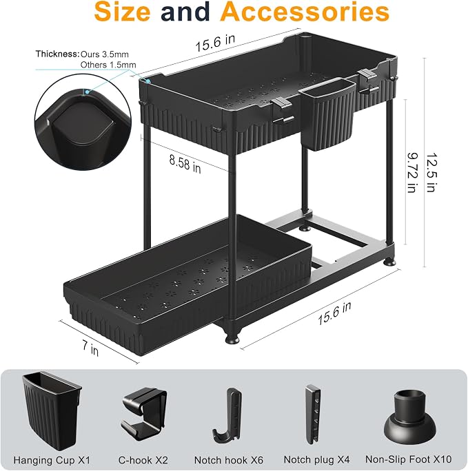 2-Pack 2-Tier Under Sink Organizers with Sliding Drawers | Multi-use kitchen & bathroom storage, 12.85 inch black cabinet organizer, space-saving sliding drawer design.