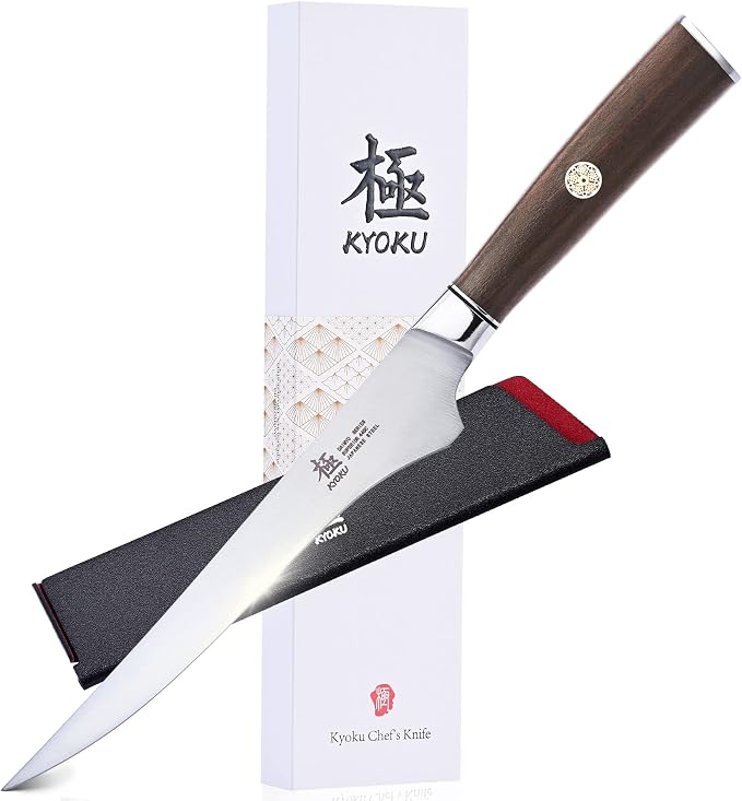 KYOKU 6.5 Inch Boning Knife - Daimyo Series - Butcher Knife with Ergonomic Rosewood Handle, and Mosaic Pin - Japanese Style 440C Stainless Steel Kitchen Knife with Sheath & Case