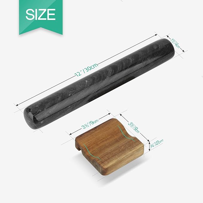 ComSaf Marble Rolling Pin with Wood Cradle 12 Inch Black, Non-Stick Dough Roller Professional Essential Kitchen Utensil French Heavy Duty for Baking, Pizza, Fondant, Pie Crust, Cookie, Pastry