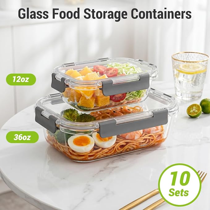 Dealusy 10 Sets 36 oz & 12 oz Glass Food Storage Containers with lids, Gray | 20-Piece Airtight Leak-proof Glass Meal Prep Containers with Lids, Microwave Oven Freezer Dishwasher Safe