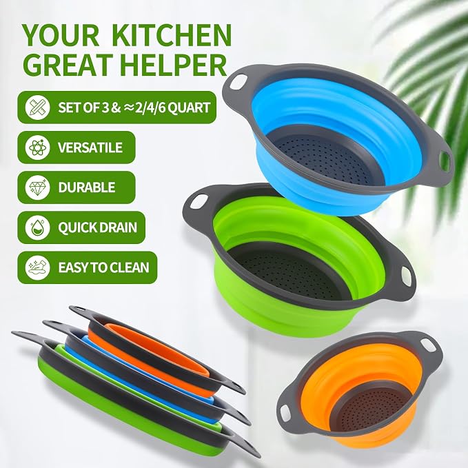 Tri-Color Silicone Collapsible Colander Set (3Pcs 2/4/6 QT) - Space Saving Foldable Strainers with Non-Slip Base for Pasta, Veggies & Camping, Dishwasher Safe Instant Fold Kitchen Gadget