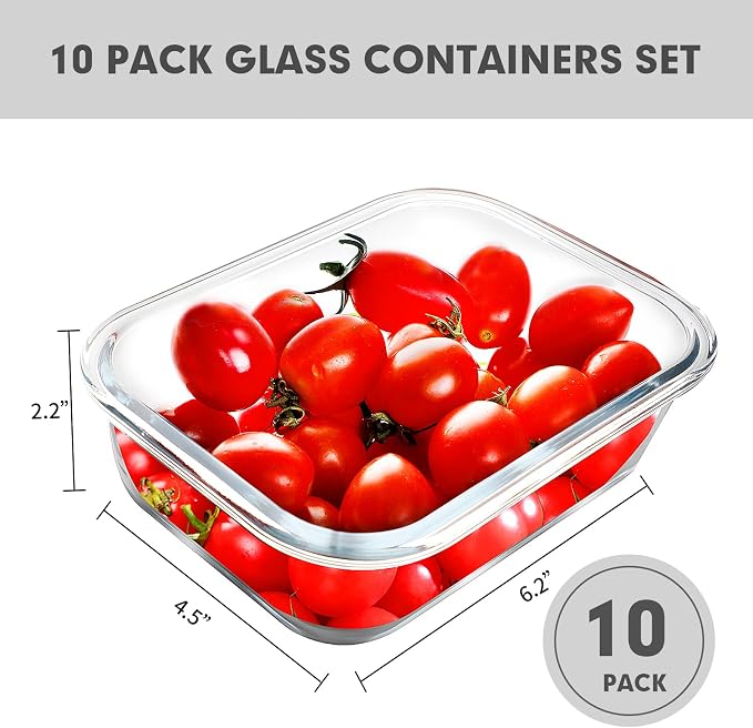 VERONES 10 PACK 22 OZ Glass Meal Prep Containers Set with Lids, White | Airtight Glass Lunch Containers Set, Glass Food Storage Containers, for Microwave, Oven, Freezer & Dishwasher Friendly