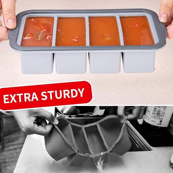 Extra Large Silicone Cube Freezing Trays with Lid - 1 Cup Portions, Makes Four Great Soup, Broth, Sauce or Butter Trays - 2 Pack, Grey