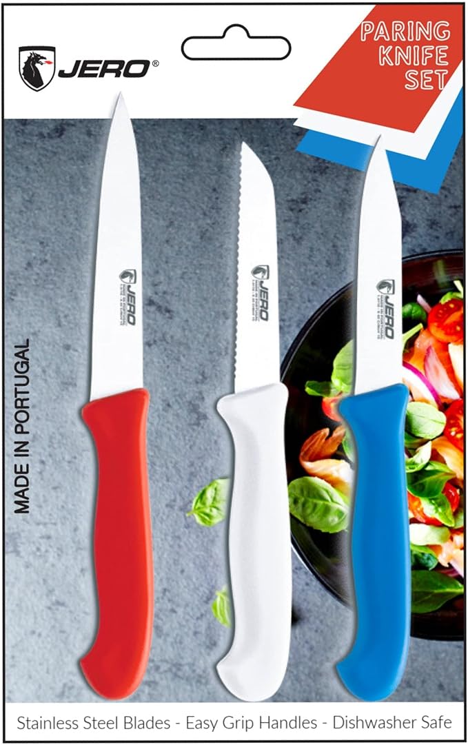 JERO 3-Piece Professional Paring Knife Set In Retail Pack - Spear Point Paring, Clip Point Paring And Serrated Paring Knife - Made In Portugal