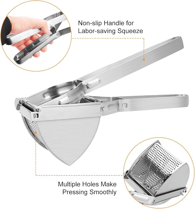 Potato Ricer, Stainless Steel Potato Ricer and Masher Commercial Potato Fruit Meat Press Chopper Mincer Masher Crusher Helper with Ergonomic Comfort Grip for Home Kitchen, 11.02 x 3.15 x 4.13inch