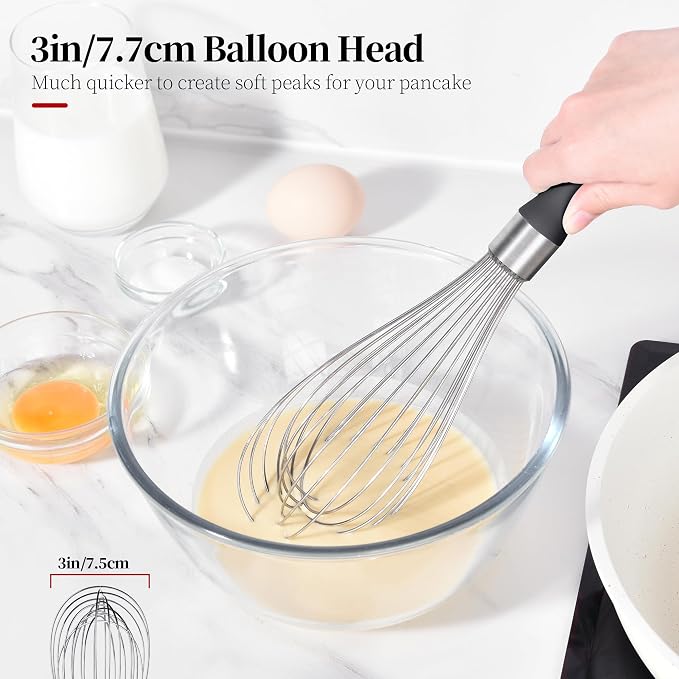 18/8 Stainless Steel Balloon Whisk for Cooking (Large, Black) | Heavy Duty Metal Kitchen Wire Whisker Wisking Tool Egg Beater Hand Mixer for Mixing Baking Beating Stirring Sauce Flour