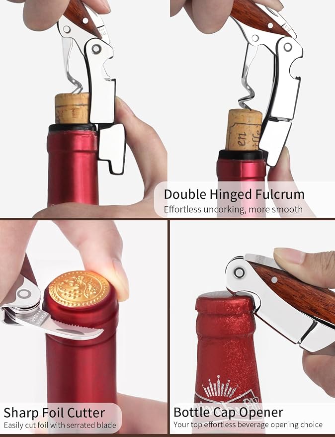 Wine Key - CORKAS Prestige Waiter Corkscrew with Rosewood Handle, Handcrafted Wine Opener Manual with Double Hinged, Foil Cutter and Bottle Opener, Ideal Gifts for Sommelier, Bartenders, Servers