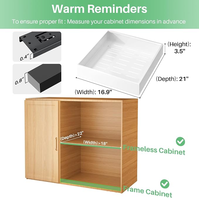 Pull out Cabinet Organizer, 21"Deep, 16.9"Wide Full-Extension Heavy Duty Slide out Drawers with Nano Adhesive, Roll Out Shelf Sliding Cabinet Storage for Kitchen, Bathroom, Pantry, Under Sink(White)