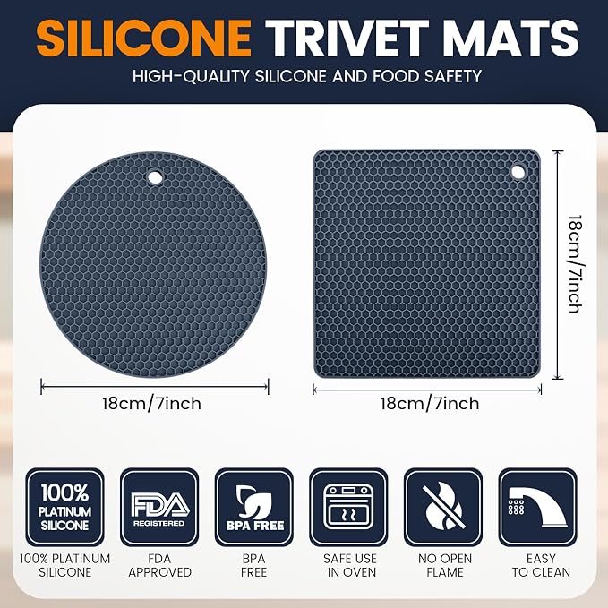 Silicone Trivet Mats 4 Heat Resistant Pot Holders Multipurpose Non-Slip Hot Pads for Kitchen Potholders, Drying mat, Jar Opener, Spoon Holder, Coaster(Navy Blue)