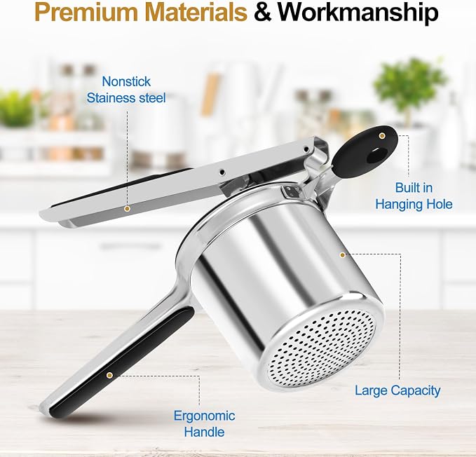 AHFLRITO Potato ricer, Heavy Duty Ricer for Mashed Potatoes, Large Potato Masher Stainless Steel with Ergonomic Handle, Efficiently for Fluffy Mashed Potatoes