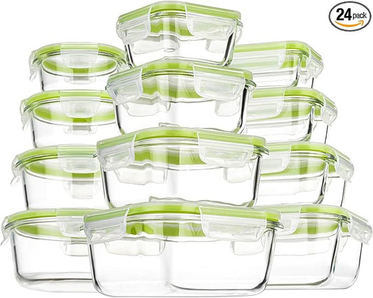Airtight Meal Prep Containers for Food Storage [24 Piece] Leak Proof, Glass Bento Boxes for Lunch (12 lids & 12 Containers)