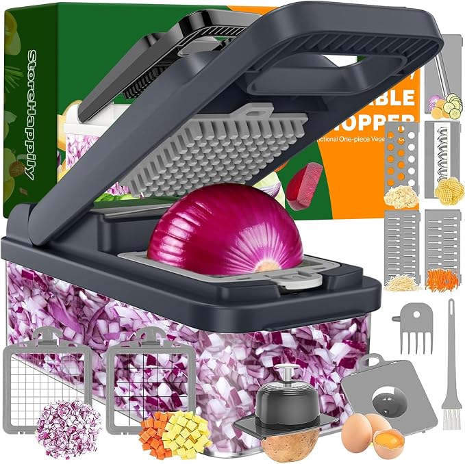 StoreHappily 12-in-1 Vegetable Chopper, 7 Blades Veggie Chopper with Container and Lid, Dicer, Slicer, Multifunctional Kitchen Gadgets, Vegetable Cutter with Handle, Onion Cutter(Grey)