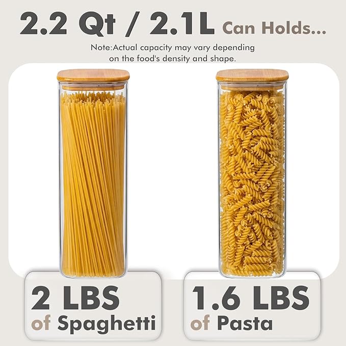 3-Pack 2.2Qt Square Glass Spaghetti Jars with Bamboo Lids | Minimalist Kitchen Organizer,Scandinavian Style Storage,Nordic Style Storage,Food Storage Canister for Pasta, Penne, Macaroni