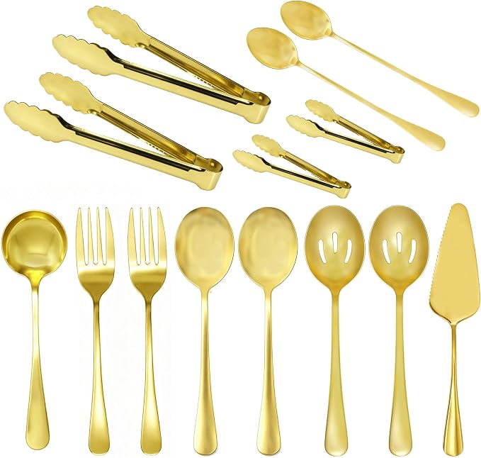 14 Pcs Gold Serving Utensils Include Stainless Steel Serving Spoons Slotted Spoons Forks Soup Serving Tongs Mix Spoon Server for Parties Buffet Catering (gold)