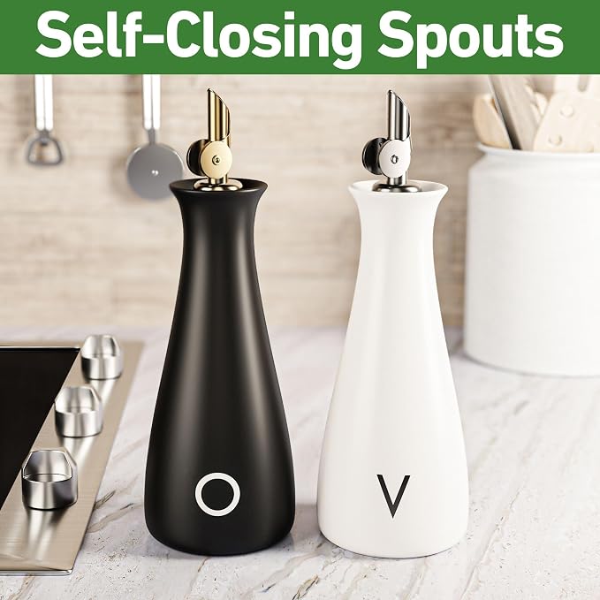 Ceramic Oil and Vinegar Dispenser Set of 2 with Self-Closing Spouts, 530mL | Leak Proof Dispensing Bottle, Stainless Steel Self-Closing Spout, Ergonomic, Durable, Easy Pour, Stylish, 530mL Capacity Each