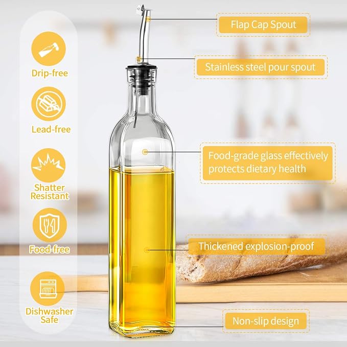 Olive Oil Dispenser Bottle, 2-Pack 500ml Glass Oil Dispenser for Kitchen with Stainless Steel Pourers - Oil and Vinegar Bottles Set Includes 2 Spouts, 4 Labels, 1 Funnel & 1 Brush