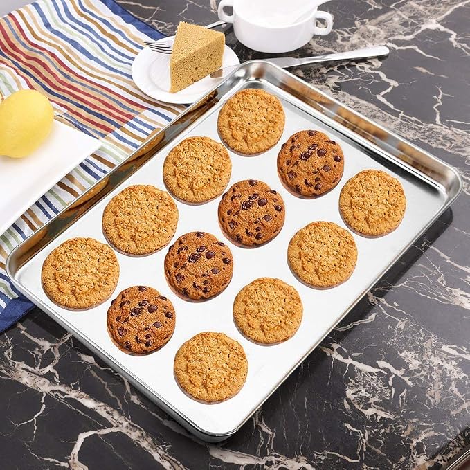 Wildone Baking Sheet with Silicone Mat Set, Set of 4 (2 Sheets + 2 Mats), Wildone Stainless Steel Cookie Sheet Baking Pan with Silicone Mat, Size 18 x 13 x 1 Inch, Non Toxic & Heavy Duty & Easy Clean