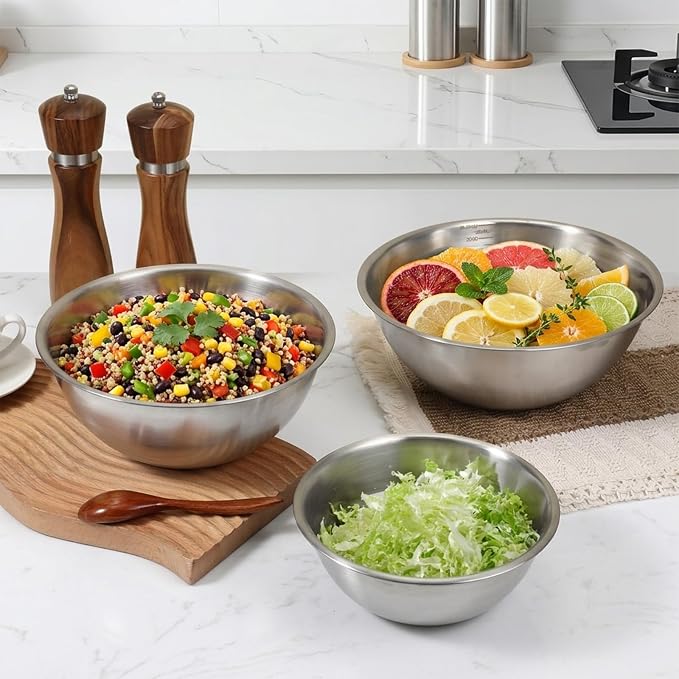 5 Pack Stainless Steel Mixing Bowls with Marks, Heavy Duty Nesting Bowls Set, Food Grade 304, Dishwasher Safe & Stackable for Cooking, Baking, Prepping (1, 1-1/2, 2, 2-1/2, 3-1/2 QT)