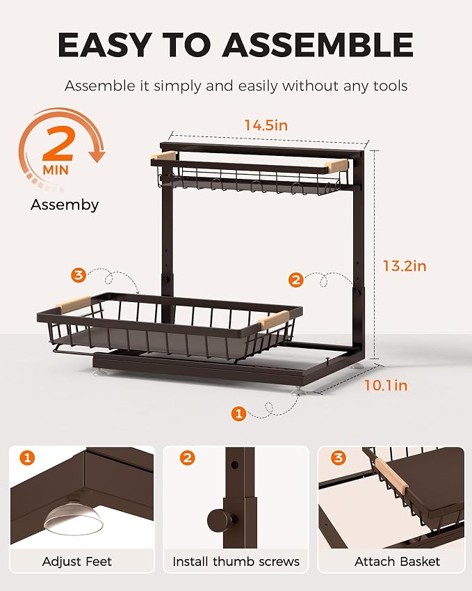 3-Pack 2-Tier Height Adjustable Under Sink Organizer, Brown | Multi-purpose metal storage shelf with sliding shelves for kitchen, bathroom, pantry & laundry cabinet