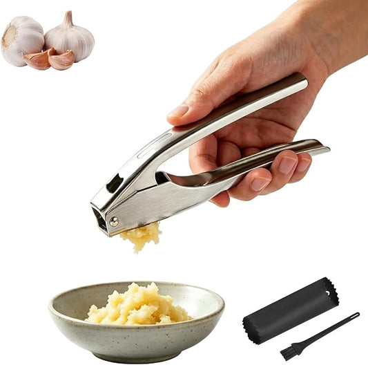 Garlic Press Stainless Steel, Garlic Mincer & Crusher with Peeler Tube and Cleaning Brush, Large Capacity Ergonomic Handle, No Need to Peel, Dishwasher Safe Garlic Press with Built-in Bottle Opener