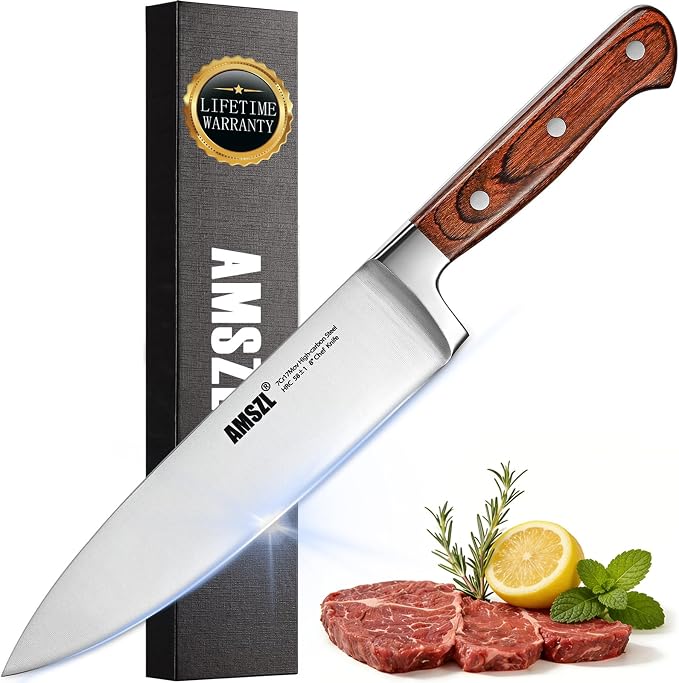 8 Inch Chef Knife German 7Cr17MoV Carbon Steel Full Tang Pakkawood | German 7Cr17MoV steel + full tang construction + 15° razor edge + ergonomic pakkawood handle. For slicing, dicing, chopping