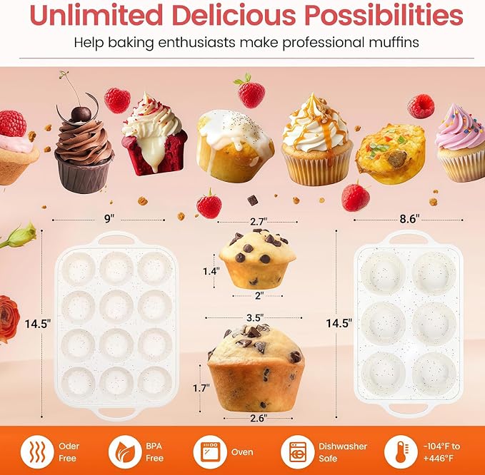 Silicone Muffin Pan with Metal Reinforced Frame - Mini Muffin Pan for Homemade Muffins, Cupcakes, and Bread, Oven and Dishwasher Safe - Set of 2, 6-Cup and 12-Cup