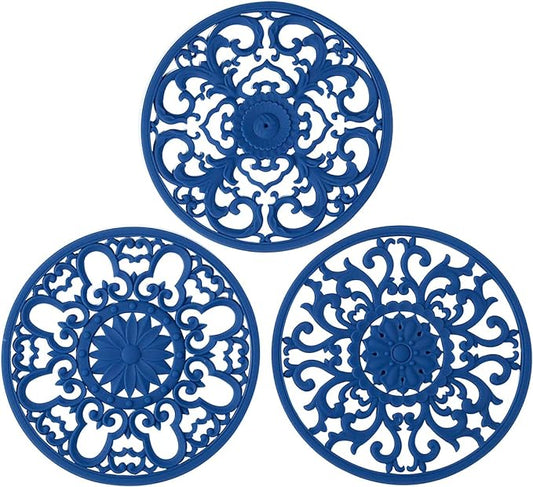 Extra Thick Silicone Trivet Mat for Hot Dishes, Hot Pots and Pans, Pot Holder, Hot Pad to Protect Your Table and Countertop, Kitchen Decor and Accessories,Navy Blue, Set of 3