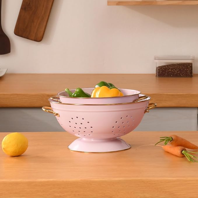 Metal Colander Set of 2, Strainer Basket with Handles 3.5 & 5 Qt Powder Coated Self-draining Solid Ring Base Metal Large Kitchen Colander Bowel for Pasta Vegetable Fruit (PINK)