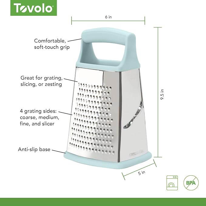 Tovolo Box Grater 4 Sided Large Stainless Steel Cheese Grater for Shredding Vegetables and Zesting, Easy to Clean Dishwasher Safe Box Grater with Ergonomic Handle and Non Slip Base, Blue Haze