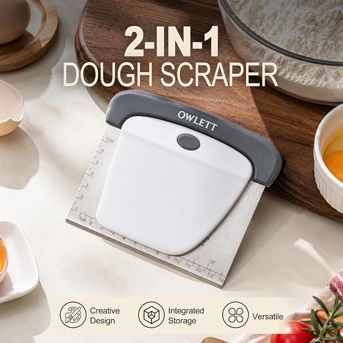2 PCS Dough Scraper, Stainless Steel Bench Scraper with Dual Measuring Scale & Conversion Chart, Bowl Scraper Dough Cutter, Kitchen Scraper for Baking Pastry Bread Pizza Cake, Recessed Storage
