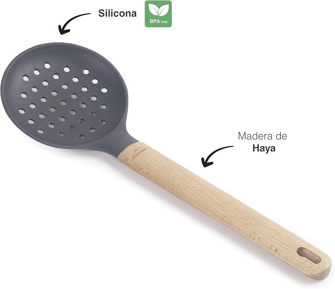 Lacor 68188 Unite Silicone Skimmer Professional Punched Paddle, Beech Wood Handle, Does Not Damage the Pan, High Temperature Resistant, BPA Free, Length: 34 cm, Ø11, Grey