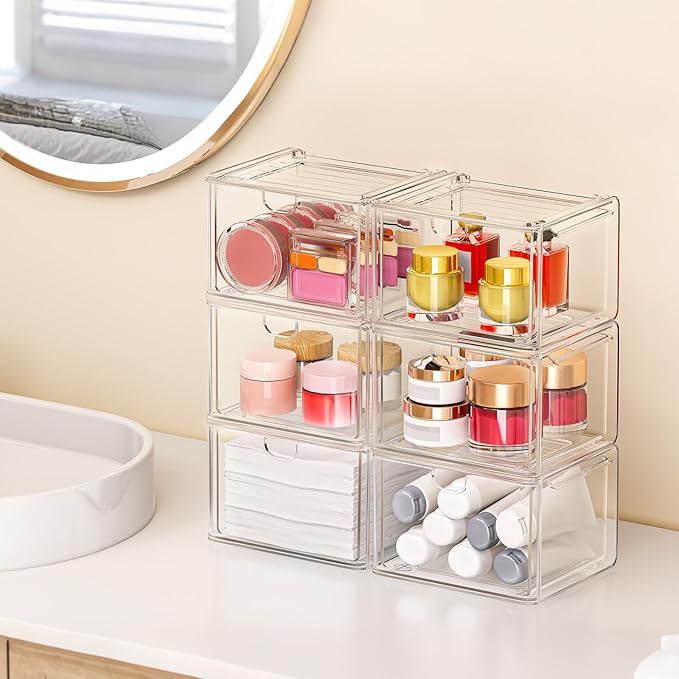 6-Pack Acrylic Stackable Storage Drawers for Vanity, Desk, Bath | 2 large & wide 13" drawers, Smooth-glide, stackable, clear body, dustproof, wipe clean, for makeup, pantry jars, under sink