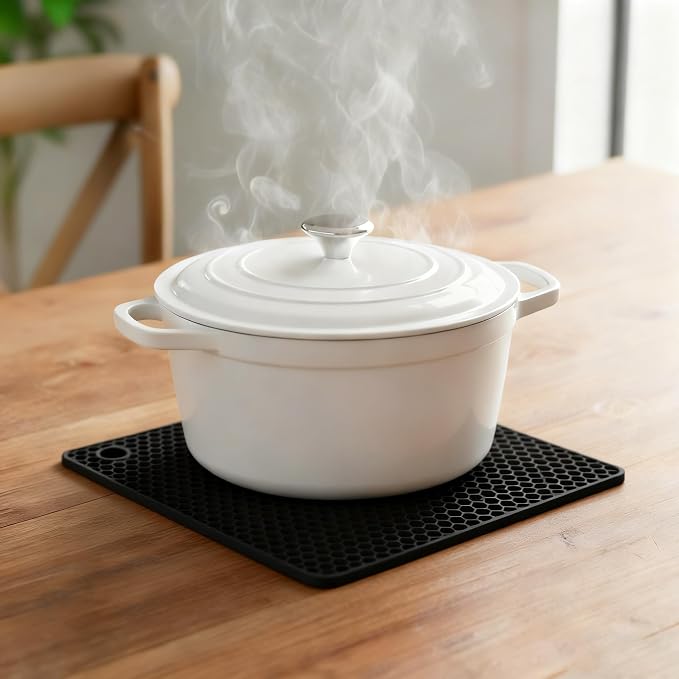 6-Pack Silicone Trivet Mats, Heat Resistant Hot Pads, Dishwasher Safe Kitchen Mats, BPA-Free Pot Holders for Table, Countertop, Stove, Honeycomb Design (Black, 7" Square)