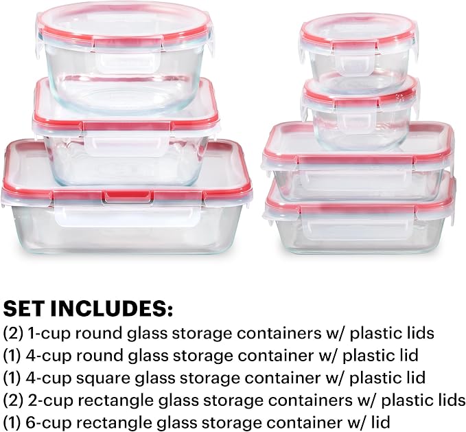Pyrex Freshlock (7-Pack) Glass Food Storage Containers Set (1, 2, 4 Cup) | Meal prep containers with airtight locking lids, freezer, dishwasher, & microwave safe