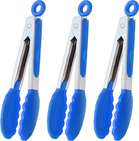 HINMAY Small Tongs with Silicone Tips 7-Inch Serving Tongs, Set of 3 (Blue)