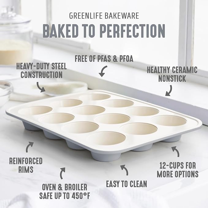 GreenLife 12 Cup Ceramic Nonstick Muffin Pan, Gray | 11.4" x 1.9" x 15.9", PFAS-Free Nonstick, Cupcake Tin, Easy Release, Even Heating, Wipe Clean, Heavy Duty, Warp Resistant