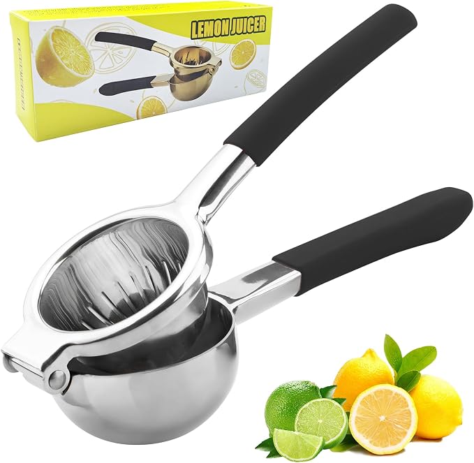 SHIKORI Lemon Squeezer, Large Heavy Duty Handhelp Juicer for Lemon, Stainless Steel Hand Press Citrus Juicer, Lime Squeezer Bar Tool, Manual Citrus Press (Silver & Black)