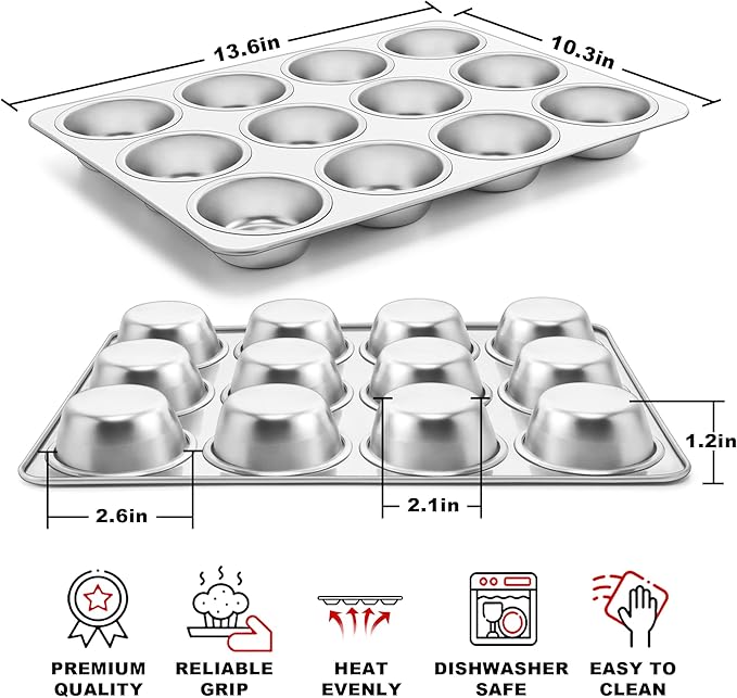 TeamFar 12-Cup Muffin Pan, Stainless Steel Muffin Tin | Metal Cupcake Baking Pan for Oven, Regular Size & Non Toxic, Easy Clean & Dishwasher Safe