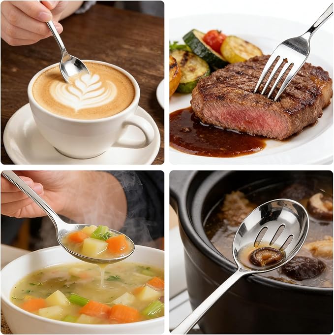 8 PCS Serving Utensils,8.7 Inch Large Serving Spoons,Slotted Spoon,Forks,Mini Coffee Spoons,Stainless Steel Serving Sets for Buffet Catering Banquet Party,Dishwasher Safe (8 Pcs(Silver))