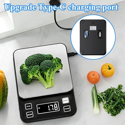 IP67 Waterproof Digital Kitchen Scal 10kg/0.1g High Precision Food Scale with Type-C Rechargeable 304 Stainless Steel Platform Tare & Counting Function for Baking Cooking Meal Prep
