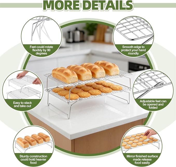 P&P CHEF 3 Tier Stackable Cooling Racks for Cooking and Baking, 15" x 10" | Stainless Steel Stackable Grid Cooling Rack for Cooling Roasting Grilling, Collapsible & Heavy Duty, Oven & Dishwasher Safe