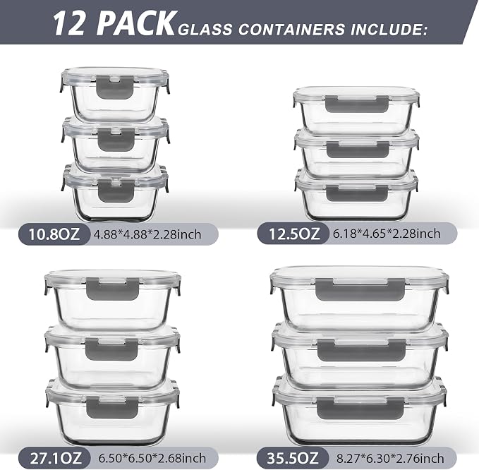 AILTEC 12 Pack Glass Meal Prep Containers Set, Airtight Snap Lids, 4 Sizes | 35.5/27.1/12.5/10.8oz, Leak Proof, BPA-Free, Microwave, Oven, Freezer & Dishwasher Safe, For Meal Prep, Leftovers & Lunch