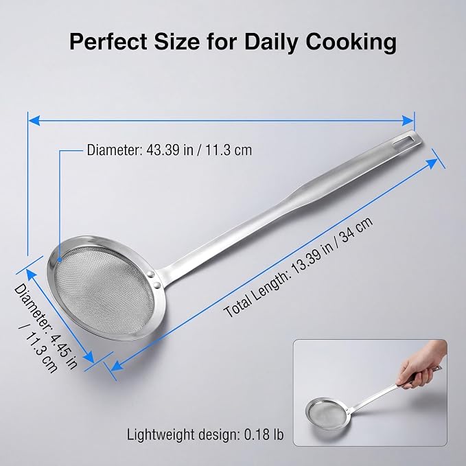 Large Stainless Steel Spider Strainer, 14.2 Inch Skimmer Ladle with Long Handle, Fine Mesh Strainer Spoon for Frying, Cooking, Pasta, Noodles, Dumplings, Hot Pot
