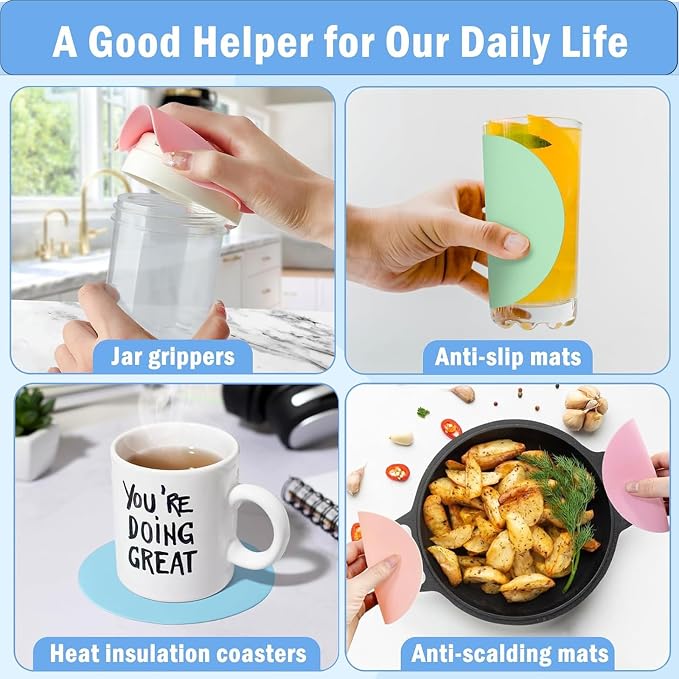 Rubber Jar Opener Gripper Pad Set Gadgets 4pcs Round Multi Function Can Silicone Easy Opening Bottle Lid Heat Insulated Non Slip for Seniors Arthritis Weak Hands Kitchen Coasters Tool